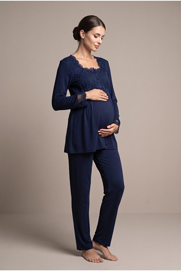Women's Navy Blue Long Sleeve Lace Maternity Pajama Set for Easy Breastfeeding