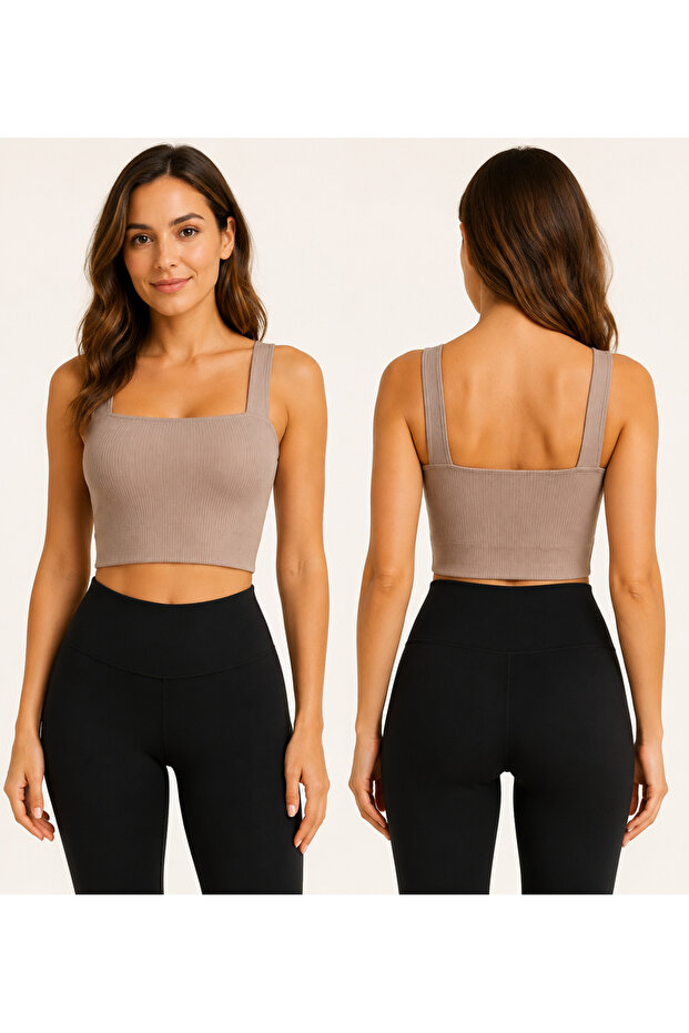 Women's Sports Bustier Thick Straps Square Neck Ribbed Crop Bustier Flexible Casual Athlete Top