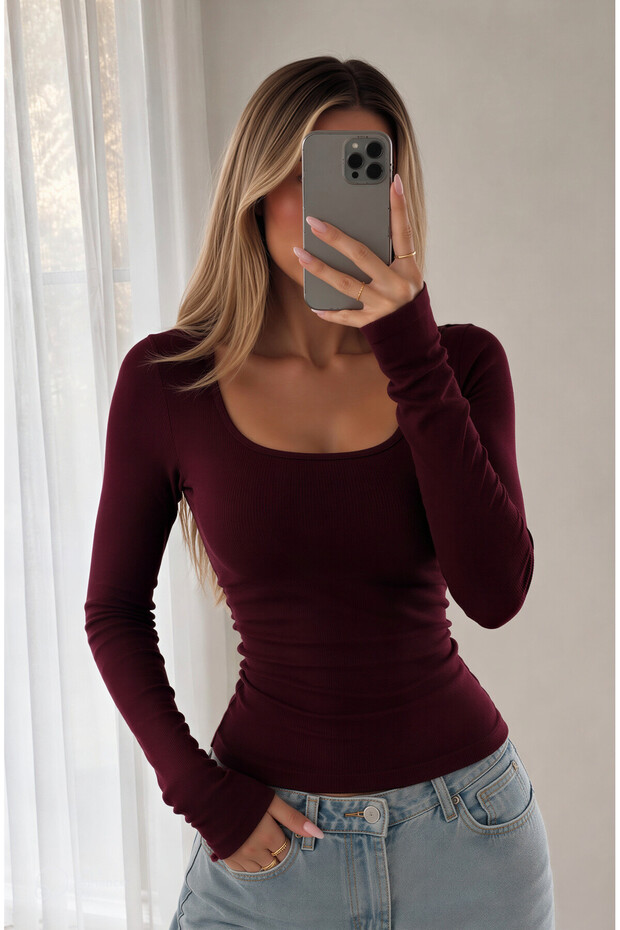 Women's Square Neck Twill Long Sleeve Blouse