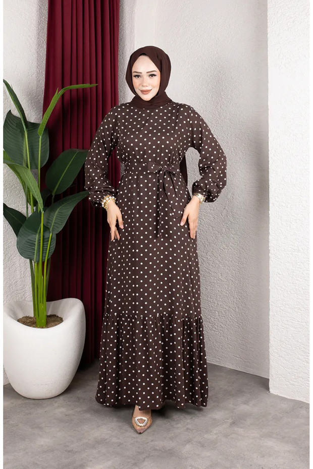Viscose Fabric Polka Dot Belted Hijab Dress 0901-04 Brown