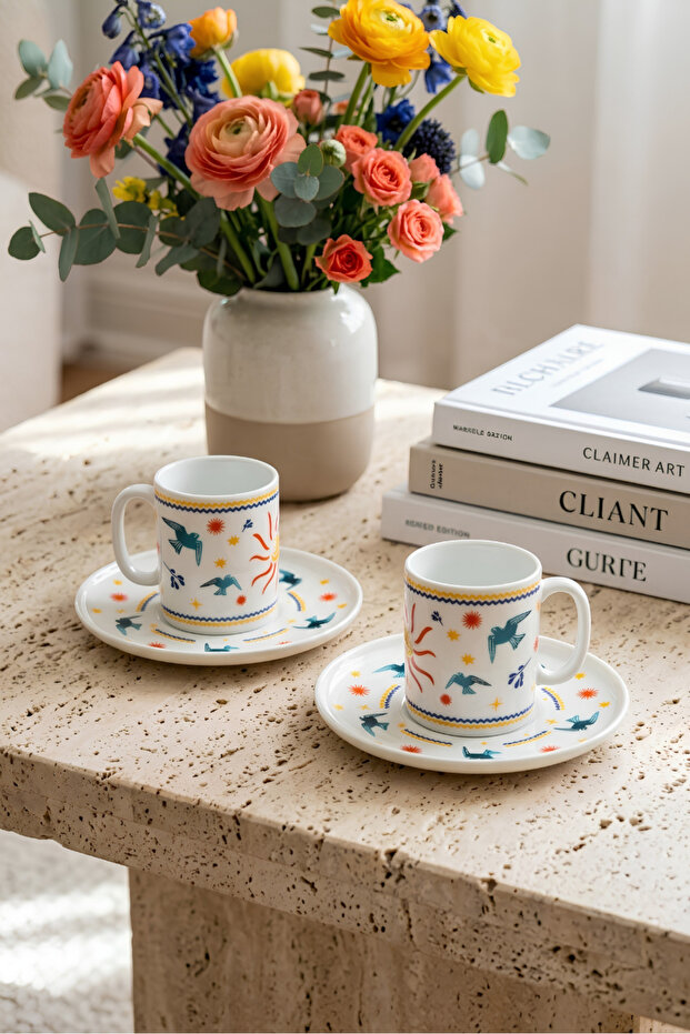 Solaris Premium Porcelain 4 Piece Coffee Cup Set for 2 Persons 90 ml with Gold Sun Pattern