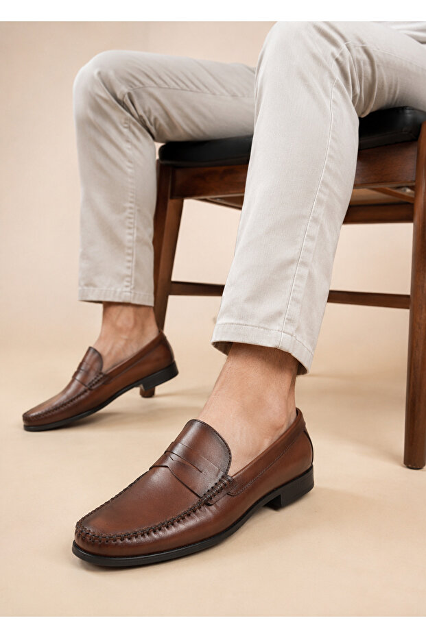 Hand Knitted Stitched Loafer, Inside and Outside Genuine Leather, Tan Classic Loafer (Not Leather Lined Model)