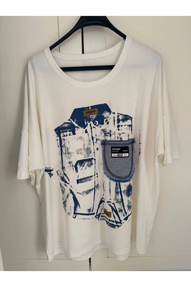 Women's Plus Size White Denim Printed Oversize T-Shirt with Real Pockets