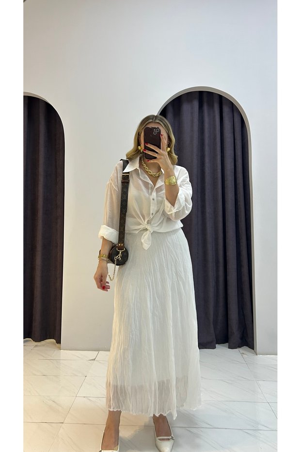 Silky Transparent Shirt Wrinkled Fabric Skirt Set