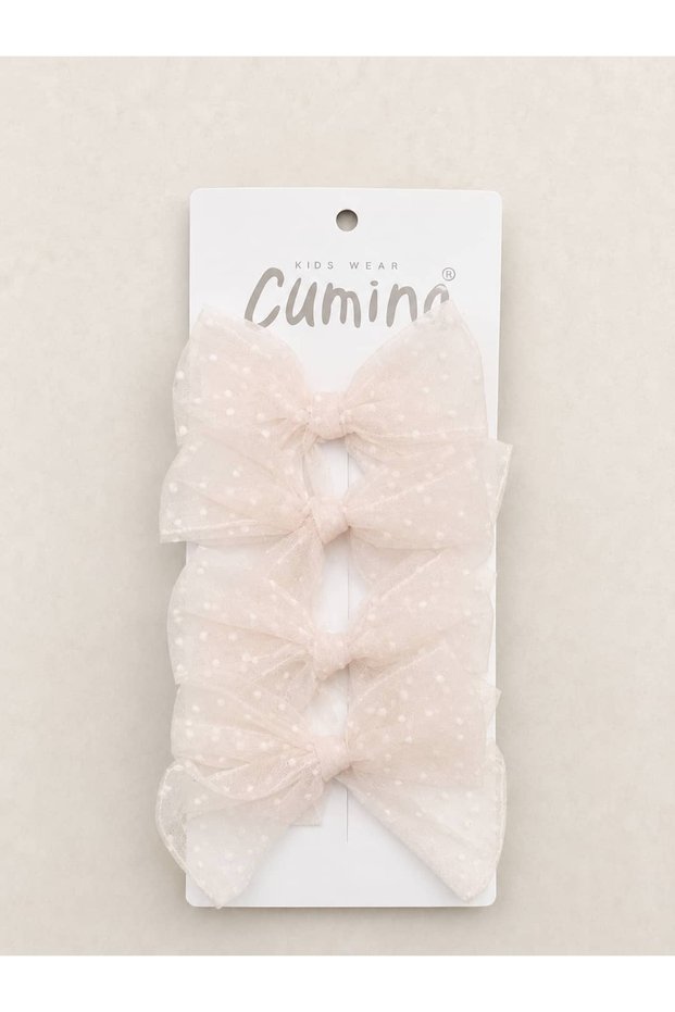 Polka Dot Tulle Bow Hair Clip Set of 4 - Powder