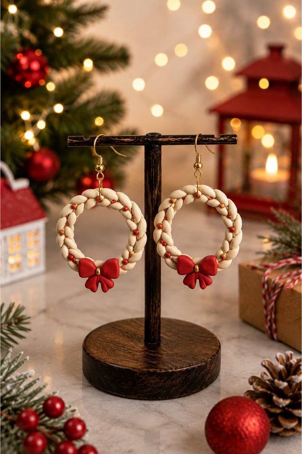 Women's Cream Christmas Wreath Earrings | Christmas Themed Handmade Earrings | New Year and Winter Accessory