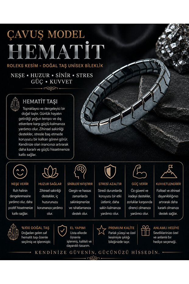 Certified Hematite Natural Stone Sergeant Model Roleks Cut Unisex Natural Stone Bracelet