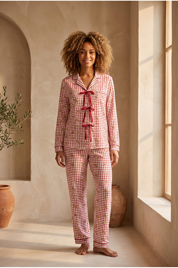 Women's Bowknot Teddy Bear Patterned Plaid Pajama Set