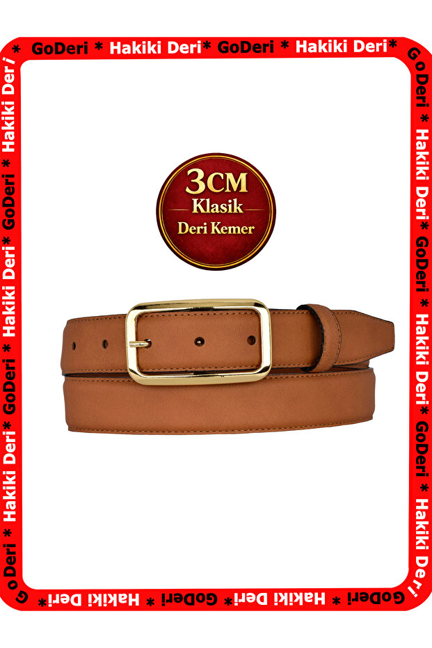Genuine Leather, 3 cm Gold Color Rectangular Buckle, Nubuck Tan, Stitched Classic Women's Belt, 3Cmkla50