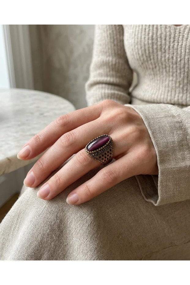 Bronze Women's Ring Authentic Copper Jewelry Purple Cat's Eye Stone Plum Splendor Adjustable Vintage