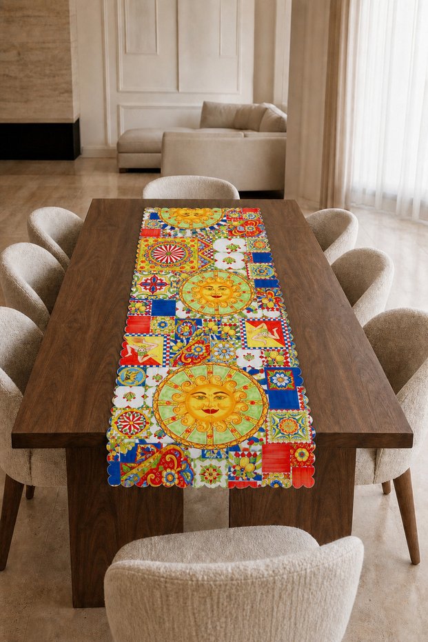 Mediterranean Sun and Sicilian Tile Patterned Laser Cut Decorative Table Runner – Colorful Tablecloth