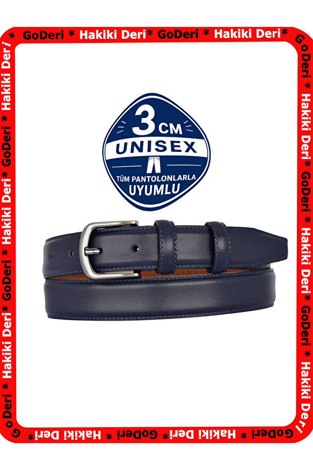 100% Genuine Leather, Navy Blue 3cm Men's Belt, 3cm Women's Belt, Unisex Compatible, Haktoka