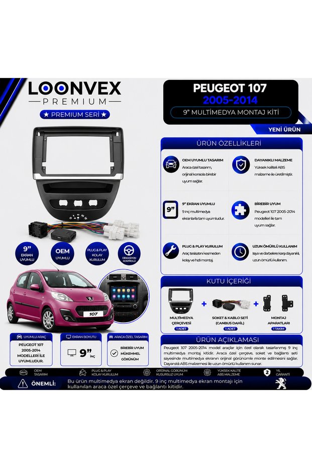 Premium Peugeot 107 2005-2014 9 Inch Multimedia Frame + Socket Mounting Kit