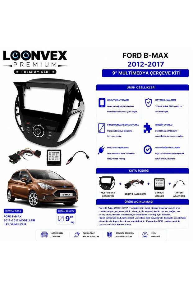 Premium – Ford B-Max 2012-2017 9" Multimedia Frame + Socket Kit