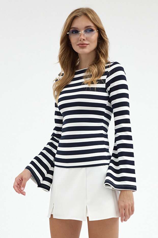 Women's Rolled Sleeves, Boat Neck, Striped Bluz