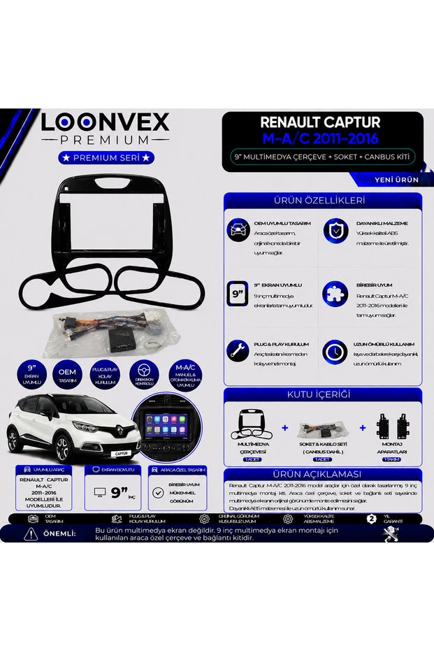 Premium Renault Captur M-A/C 2011-2016 9 Inch Multimedia Frame + Socket + Canbus Mounting Kit