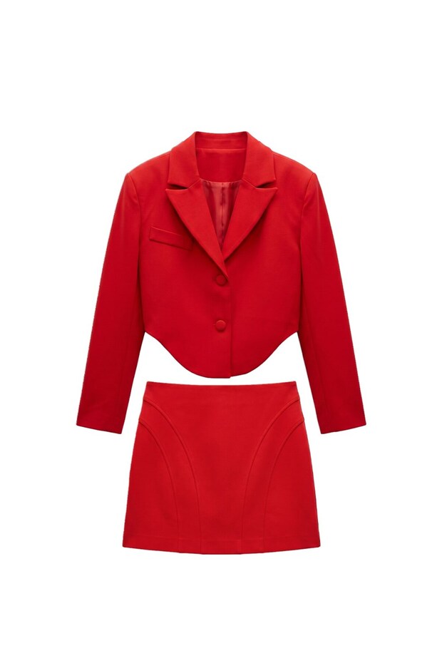 Red Alisa Crop Jacket Skirt Set