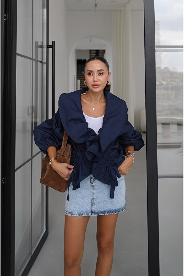 Navy Blue Drawstring Wide Collar Design Jacket