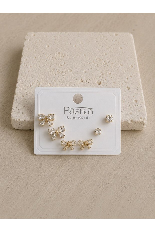 Stone Bowknot Gold Six-Piece Earrings