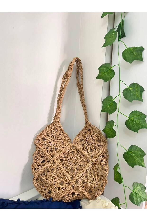 Design Hand-Knitted Motif Straw Color Bag - Natural Paper Rope Design Women's Daily Shoulder Bag