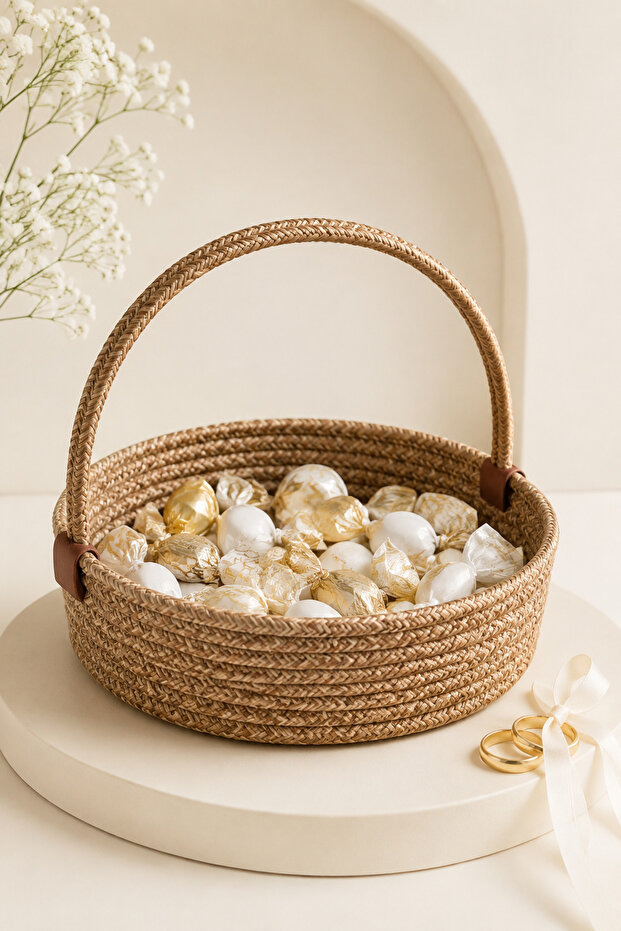 Jute Wicker Promise Engagement Wedding Basket with Handle, Candy Holder and Presentation Organizer Basket