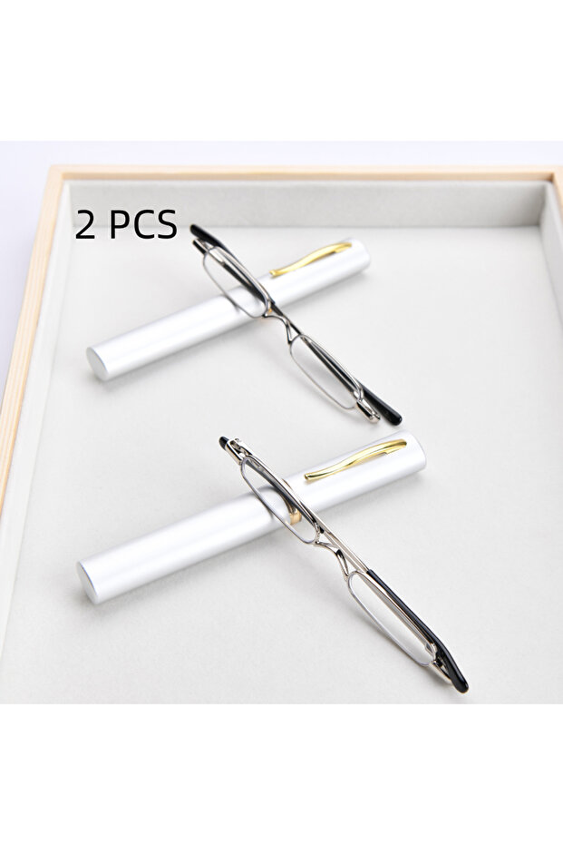 +150 2PCS-SLIVER 2PC Suit Mini Small Slim Reading Glasses with Tube Case Portable Lightweight Reader