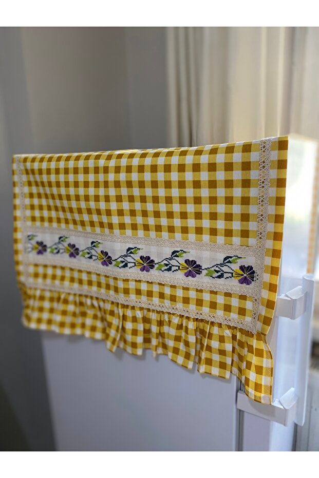 Yellow Gingham Cross-Stitch Detailed Refrigerator Cover, Multi-Purpose Cover