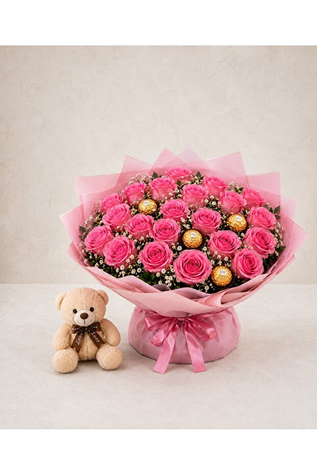 22DarkPinkRose4ChocolateBqTaddy
