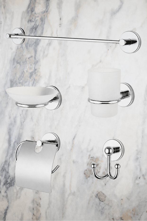 Bathroom Accessory Set of 5: Long Towel Holder/Toilet Paper Holder/Bathrobe Hanger/Soap Dish/Toothbrush Holder