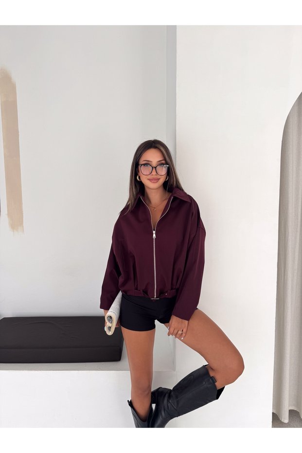 Women's Oversize Zippered Short Jacket with Waist Belt