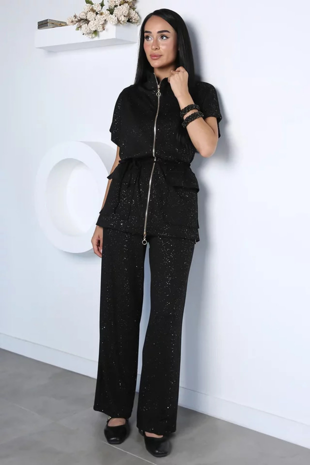 Women's Glitter Detailed Cardigan and Pants Two-Piece Set