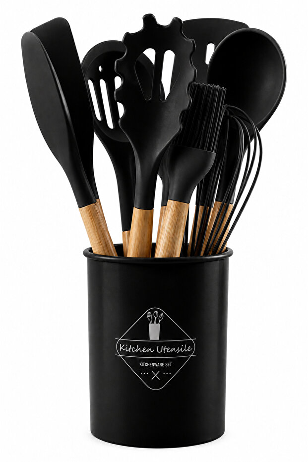 12-Piece Heat-Resistant Silicone Kitchenware Set with Stand and Wooden Handle Multi-Piece Large Serving Set-Color Options Available