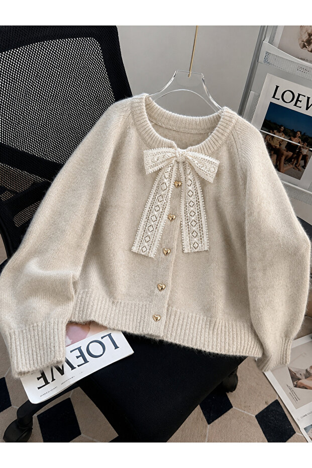 Women's Bow Lace Soft Heart Button Basic Knitwear Cardigan