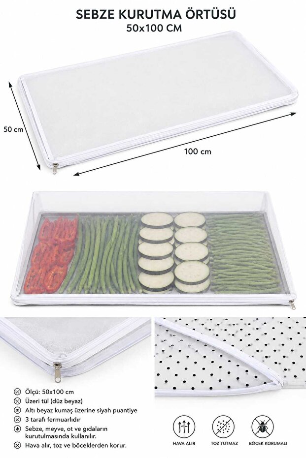 50 X 100 Black Polka Dot Vegetable and Fruit Drying Cover – Tulle Drying Net with 3 Side Zippers