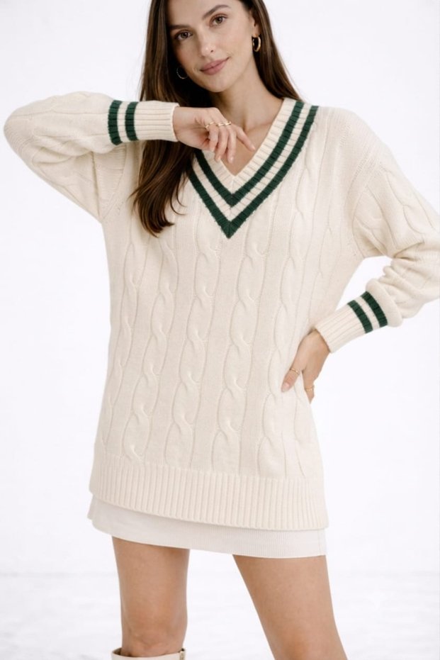 Women's Ecru Knitted Sweater V-Neck Green Stripe Detailed Hair Braided Long Sleeve