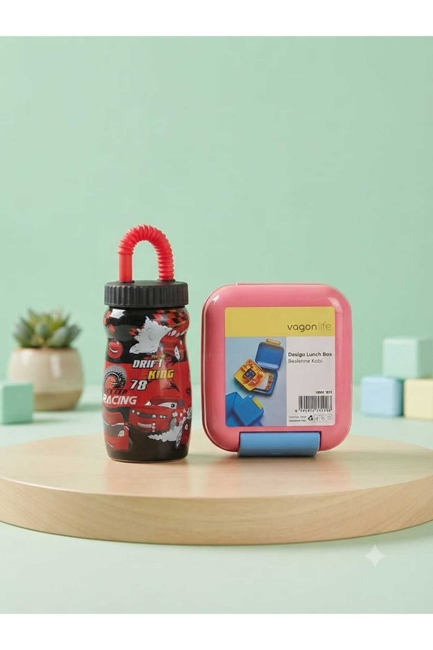 Vagon Life Pink Lunch Box and Black Racing Themed Children's Water Bottle Set