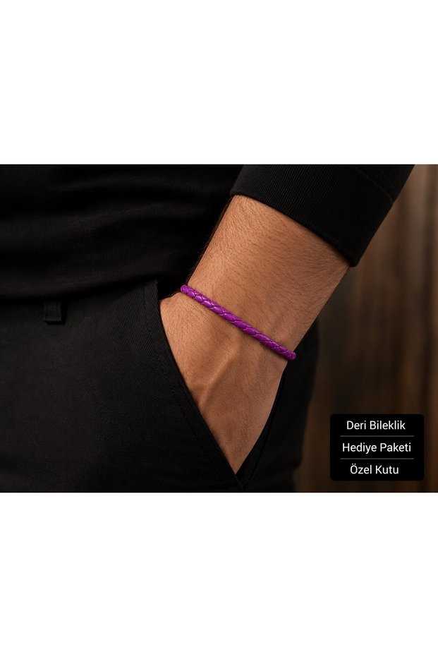 Amethyst Royale Purple Braided Leather Men's Bracelet with Silver Color Clip and Special Box