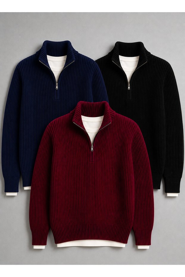 3 Advantageous Packages Men's Thessaloniki Knit Mock Neck Thick Winter Knitwear Sweater Set