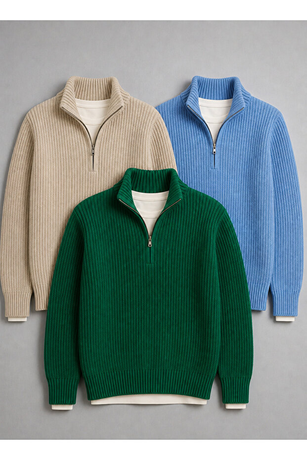 3 Advantageous Packages Men's Thessaloniki Knit Mock Neck Thick Winter Knitwear Sweater Set