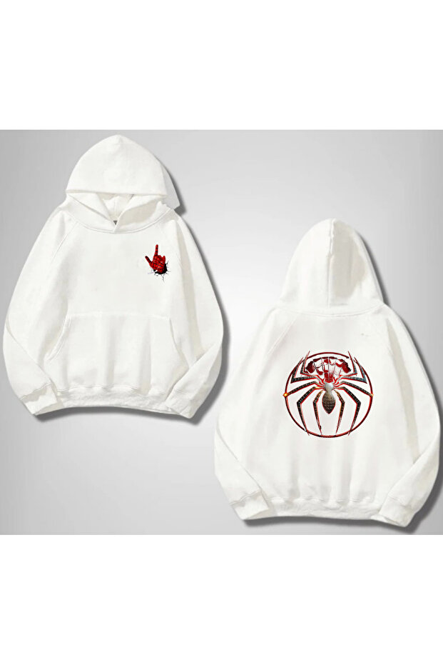 Spider Network Back Print White Hooded Sweatshirt