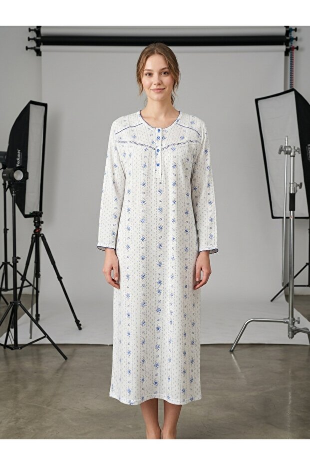 100% Cotton Long Sleeve Floral Patterned Large Size Women'S-Mom's Nightgown