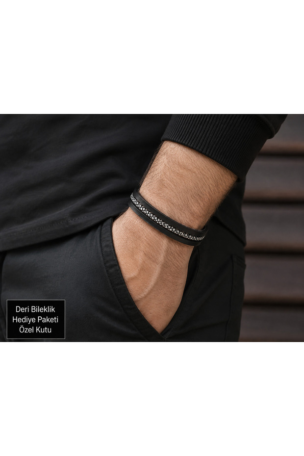 Marlowe Silverline Black Leather Men's Bracelet – Silver-Tone Braided Detail