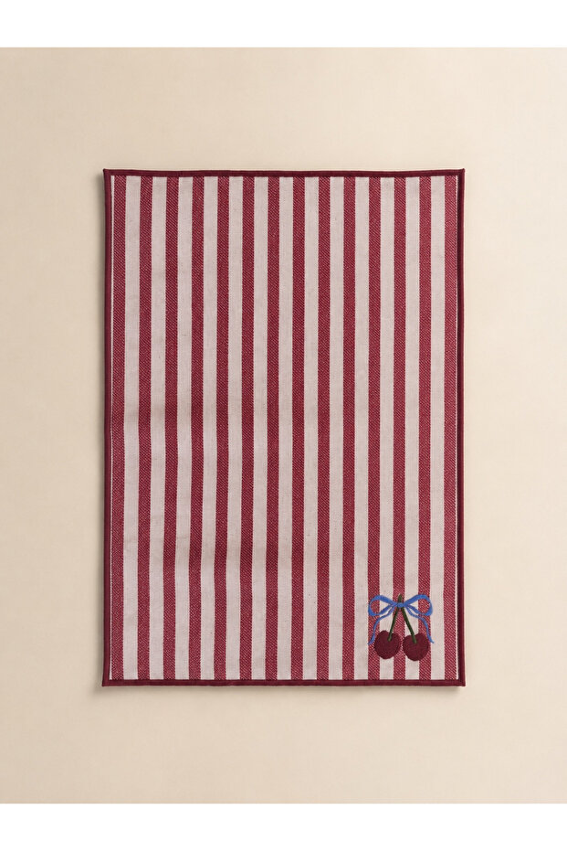 Cherry Embroidered Decorative Hand Towel – 100% Cotton, Striped Linen Texture (30×45) - 1 Piece