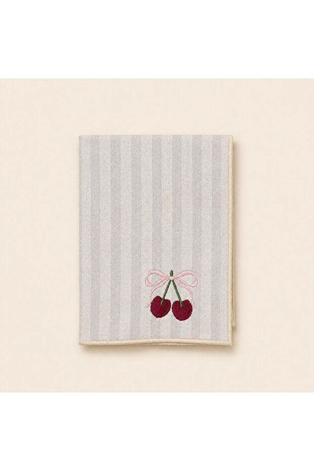 Cherry Embroidered Decorative Hand Towel – 100% Cotton, Striped Linen Texture (30×45) - 1 Piece