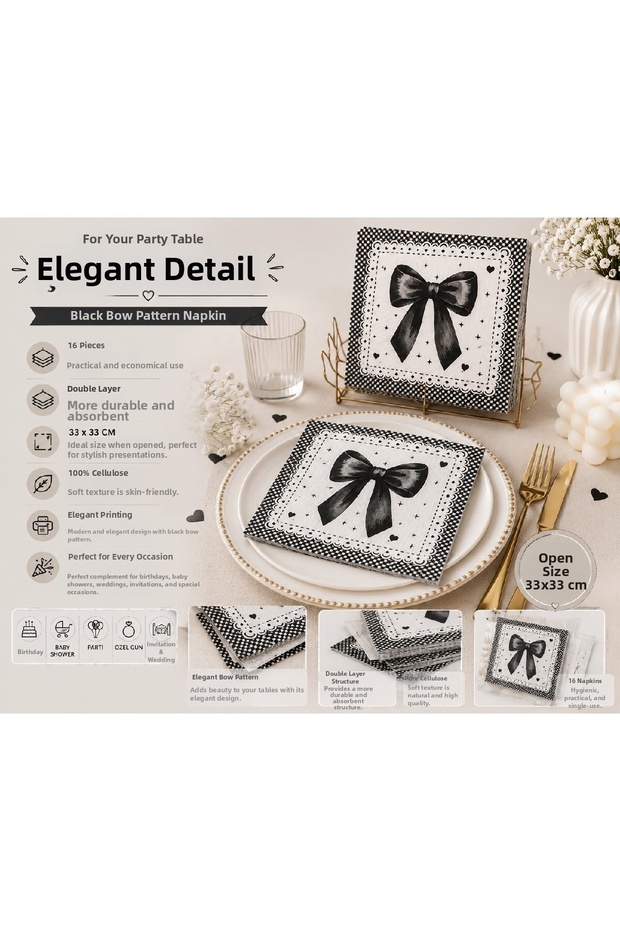 Bow Patterned 16-Piece Party Napkins 33X33 cm |   Stylish Napkin with Bow |   Birthday Baby Shower Special Day |   Pink Black Red Lilac