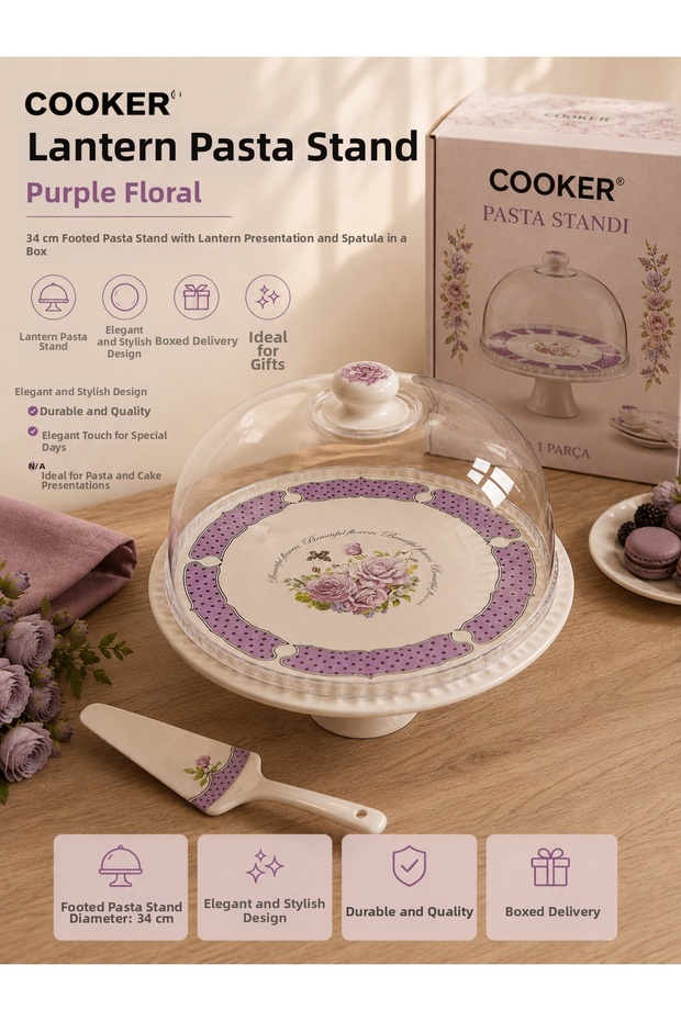 Cake Stand with Bell Jar and Stand, 34 Cm, Dowry Cake Presentation Set with Spatula and Gift