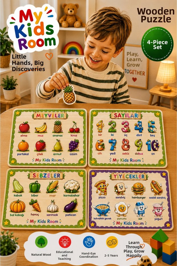 4-Piece Wooden Puzzle Set Educational Learning Find and Match Puzzle Fruits Numbers Vegetables Foods