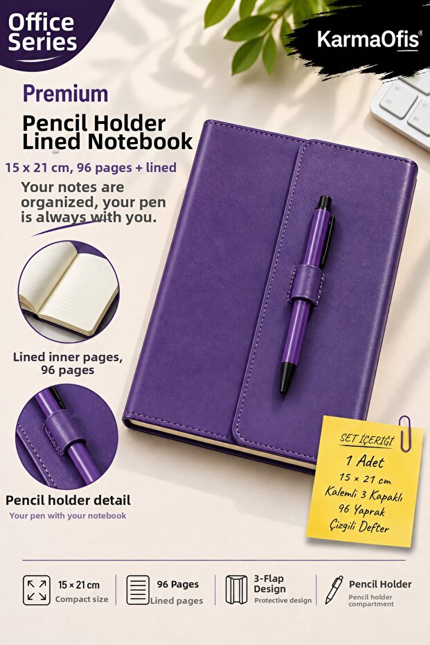 Purple 15X21 cm Lined Notebook with Pen and Cover, 96 Sheets, 3 Covers – 7 Color Options