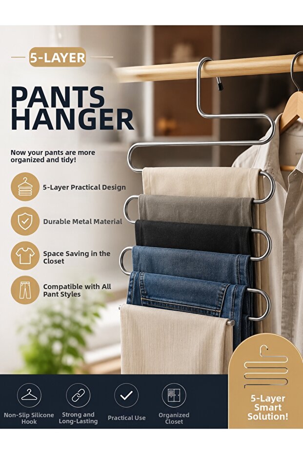 5-Tier Trouser Hanger – Metal Multi-Closet Organizer, Space-Saving Practical Hanger