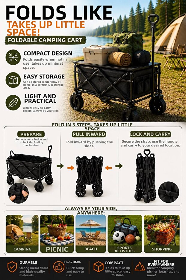 Foldable Camping Cart with Top Table, Pull Handle, Large Compartment, Picnic and Beach Cart